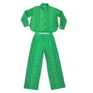 Zara 2 Piece Matching Set Green Eyelet Lace Button Down Straight Leg Pants Small